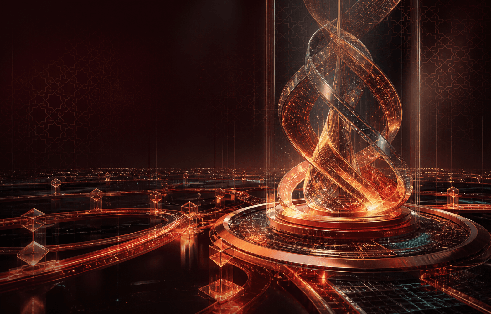 A futuristic AI core connecting a secure intelligent banking network